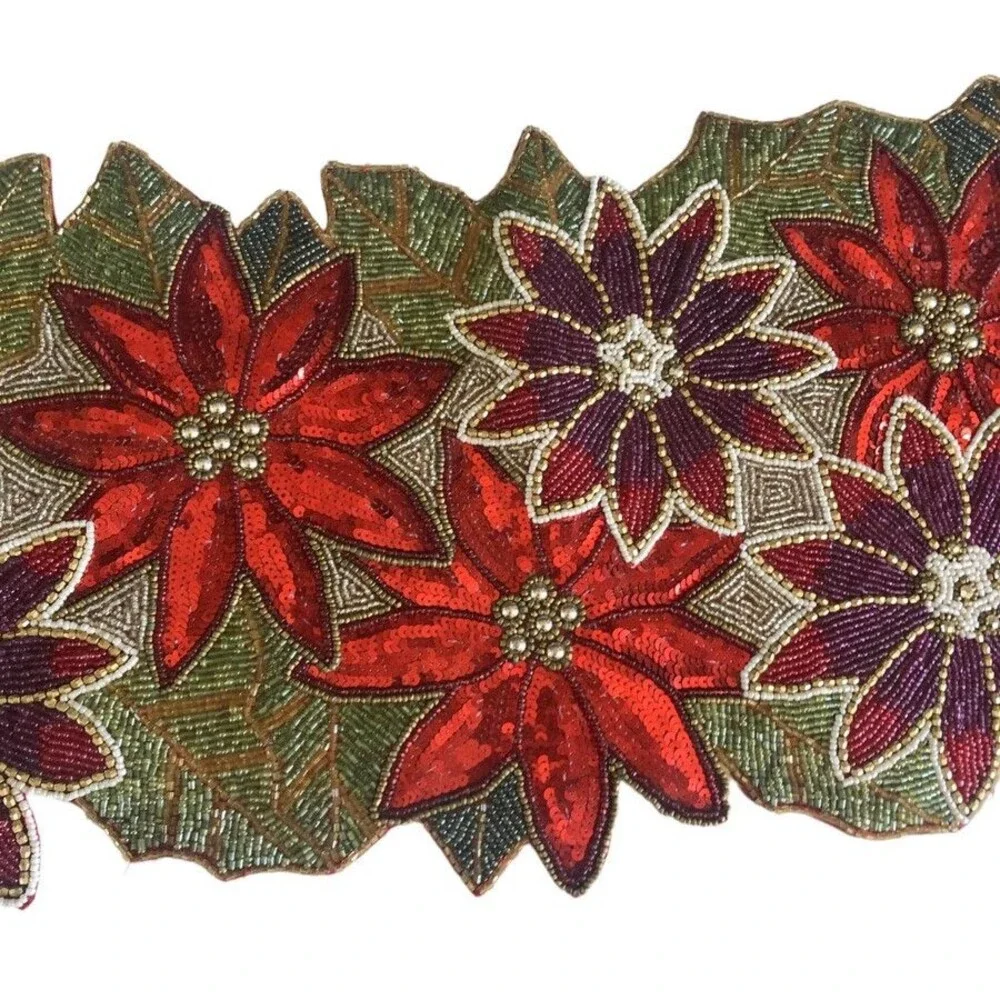 Christmas Red Poinsettia Table Runner Fully Beaded Holiday Satin Backed 36x13